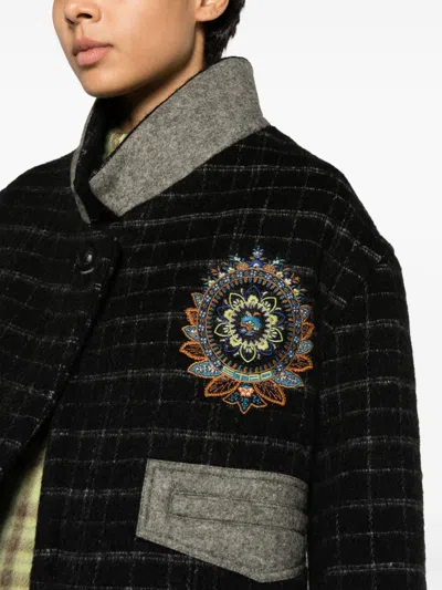 Etro Black Cropped Jacket With Embroidery And Check Motif In Wool Blend Woman In Black