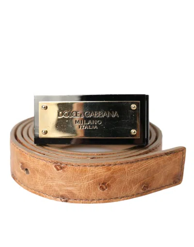 Dolce & Gabbana Beige Leather Gold Logo Engraved Buckle Belt In Beige