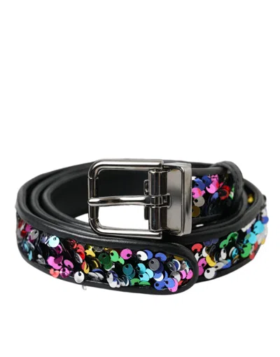 Dolce & Gabbana Black Sequined Silver Metal Buckle Women Belt In Black