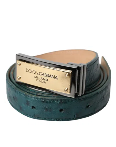 Dolce & Gabbana Green Leather Gold Logo Engraved Buckle Belt In Green