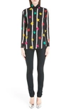 Saint Laurent Paris Collar Shirt In Black And Multicolor Stars And Spray Paint Printed Silk Crêpe In Noir Multi