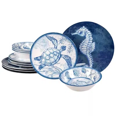 Quikfurn 12-piece Sea Shells Ocean Theme Dinnerware Set In Blue And White - Service For 4 In Blue
