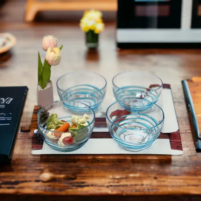 Homezia Clear And Blue Four Piece Swirl Acrylic Service For Four Bowl Set In Blue