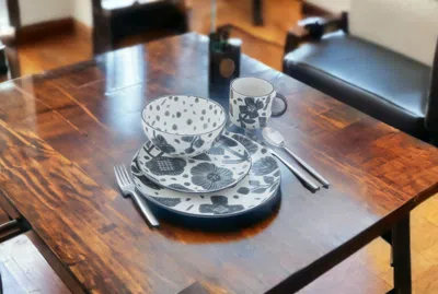 Homezia Gray And Ivory Sixteen Piece Round Floral Ceramic Service For Four Dinnerware Set In Grey