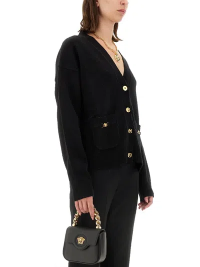 Shop Versace Cashmere Blend Knit Boxy Cardigan In Black