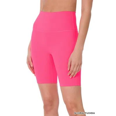 Zenana High Rise Wide Waistband Biker Shorts In Fuchsia In Pink