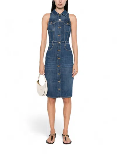 Elisabetta Franchi Denim Sleeveless Midi Dress In Blue Denim In Blue