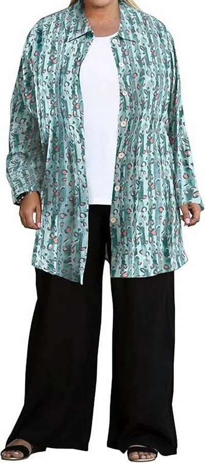 On The Plus Side Printed Long Sleeve Chiffon Button Up Rodie Tunic - Plus In Blue Cheetah In Multi