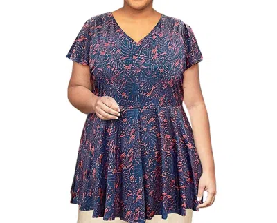 On The Plus Side Printed Short Sleeve Baby Doll Top - Plus In Blue Palm In Multi