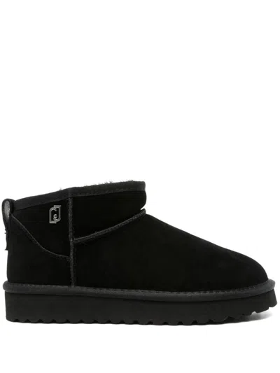 Liu •jo Round Toe Suede Ankle Boots With Flat Sole In Black
