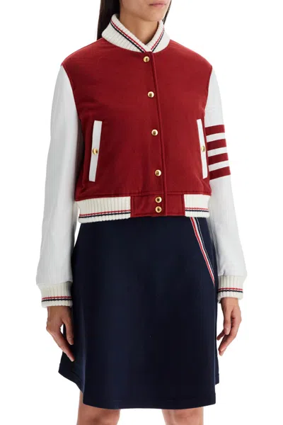 Thom Browne 4-bar Crop Varsity Jacket In Red