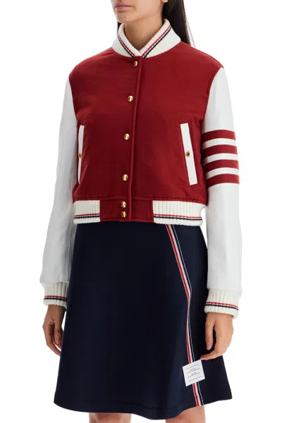 Thom Browne 4-bar Crop Varsity Jacket In Red