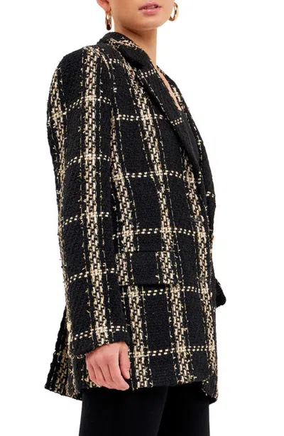 Endless Rose Tweed Oversized Double Button Blazer In Black