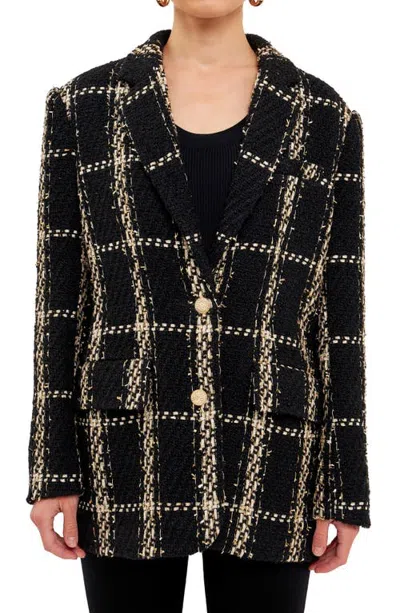 Endless Rose Tweed Oversized Double Button Blazer In Black