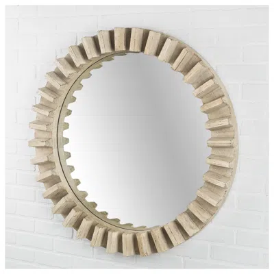 Homezia 35" Round Natural Brown Wood Frame Wall Mirror