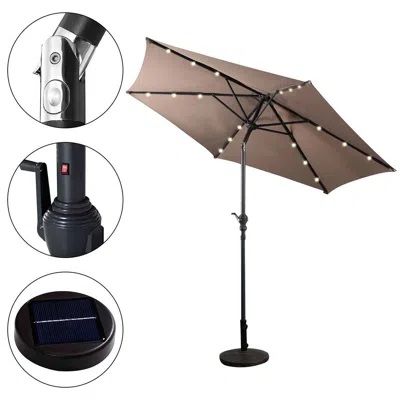 Quikfurn Tan 9-ft Patio Umbrella With Steel Pole Crank Tilt And Solar Led Lights