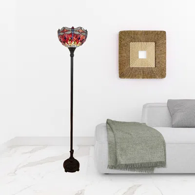 Homezia 69" Brown Traditional Shaped Floor Lamp With Red Yellow And Brown Dragonfly Stained Glass Dome Shade