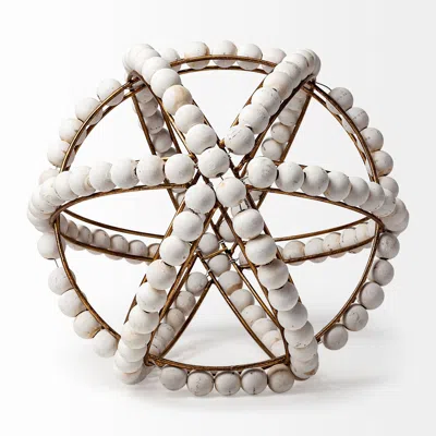 Homezia 11" White Wood Bead And Gold Orb Sculpture