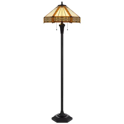 Homezia 60" Bronze Two Light Traditional Shaped Floor Lamp With Orange And Ivory Abstract Tiffany Glass Empi