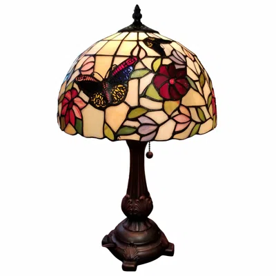 Homezia 19" Dark Brown Metal Candlestick Table Lamp With Red And Black Dome Shade