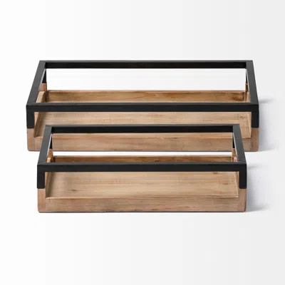 Homezia Set Of 2 Natural Finish With Black Nesting Wood Accent Trays In Multi