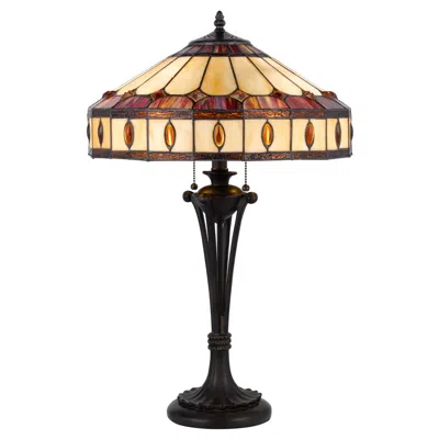 Homezia 26" Black Metal Two Light Candlestick Table Lamp With Ivory And Red Dome Shade