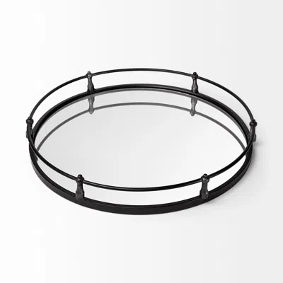 Homezia 24" Natural Finish Metal With Mirrored Glass Bottom Round Tray In Multi
