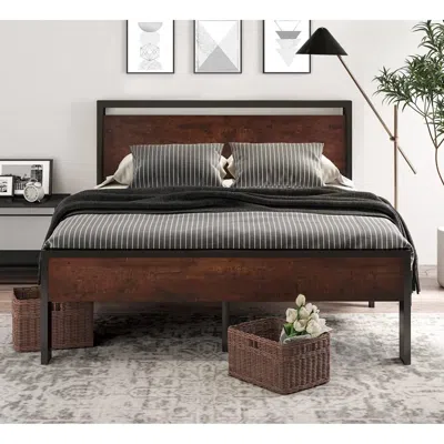 Quikfurn King Metal Platform Bed Frame With Mahogany Wood Panel Headboard Footboard