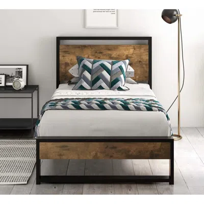 Quikfurn Twin Size Metal Wood Platform Bed Frame With Industrial Headboard