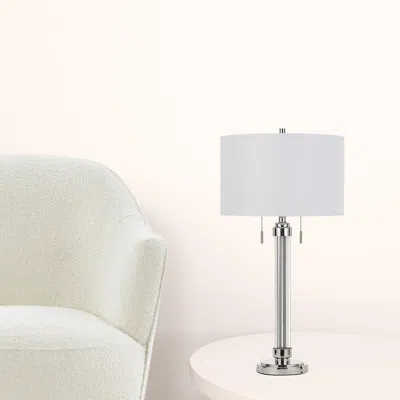 Homezia 31" Silver Metallic Metal Two Light Cylinder Table Lamp With White Drum Shade