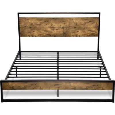 Quikfurn Queen Size Metal Wood Platform Bed Frame With Industrial Headboard