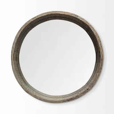 Homezia 28" Round Natural Finish Fir Wood Mirrored Glass Bottom Tray In Multi