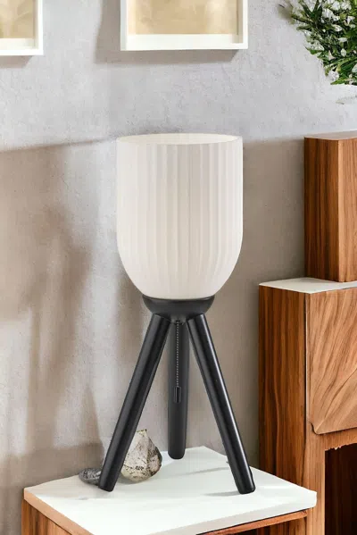 Homezia 23" Black Solid Wood Tripod Table Lamp With White Ribbed Glass Shade
