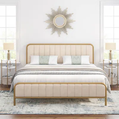 Quikfurn King Size Gold Metal Platform Bed Frame With Off-white Upholstered Headboard