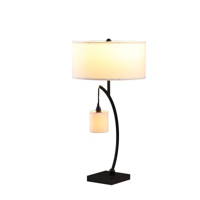 Homezia 29" Black Metal Two Light Arched Table Lamp With White Drum Shade