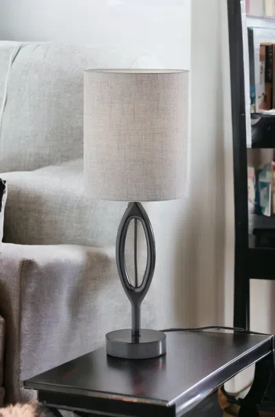 Homezia 28" Black Solid Wood Round Table Lamp With Gray Drum Shade