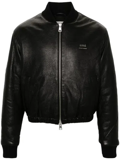 Ami Alexandre Mattiussi Logo-lettering Leather Bomber Jacket In Black