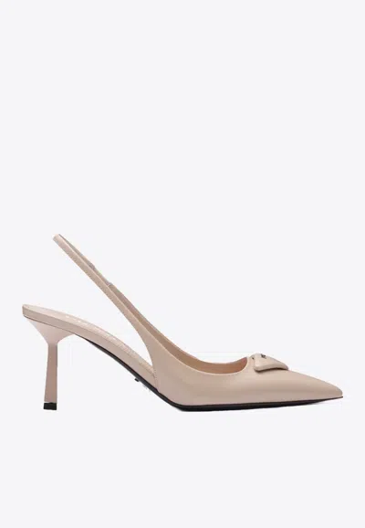 Prada 75 Brushed Leather Slingback Pumps In Beige