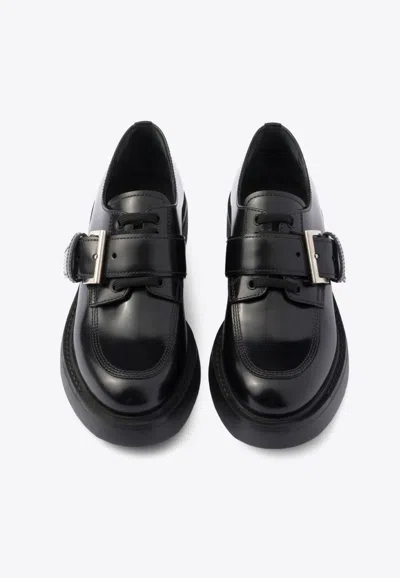Prada Brushed Leather Lace-up Shoes With Strap In Black
