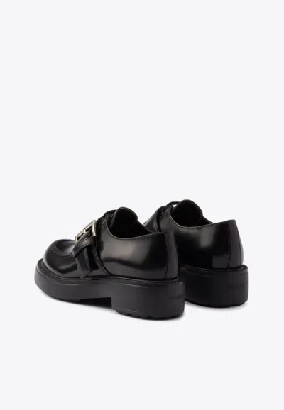 Prada Brushed Leather Lace-up Shoes With Strap In Black