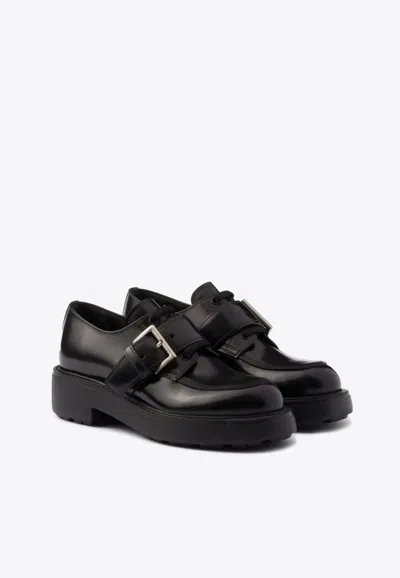 Prada Brushed Leather Lace-up Shoes With Strap In Black
