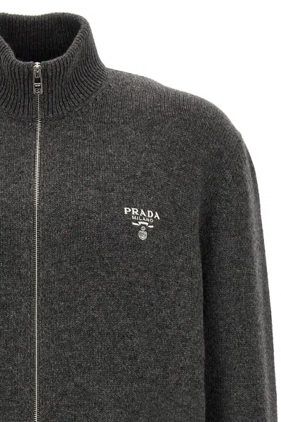 Shop Prada Men Logo Embroidery Cardigan In Gray