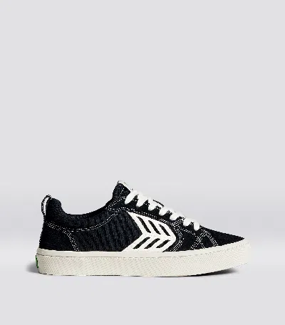 Cariuma Catiba Pro Low Black Suede And Canvas Contrast Thread Ivory Logo Sneaker Men In Black Contrast/ivory