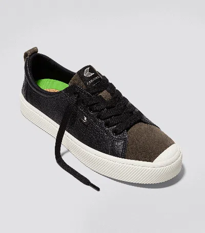 Cariuma Oca Low Black Premium Leather Dark Khaki Suede Sneaker Women In Black/khaki