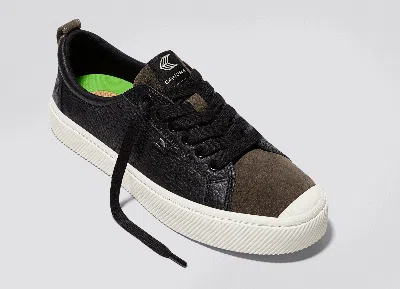 Cariuma Oca Low Black Premium Leather Dark Khaki Suede Sneaker Women In Black/khaki
