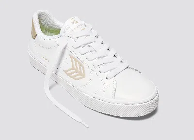 Shop Cariuma Salvas White Leather Shifting Sand Logo Sneaker Women In White/shifting Sand