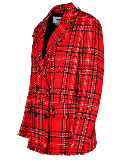 Shop Msgm 'check' Red Cotton Blend Blazer