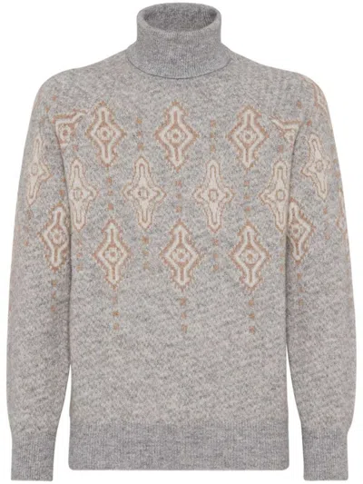 Brunello Cucinelli Geometric Jacquard Turtleneck Sweater In Grey