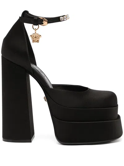 Shop Versace 'aevitas' Black Pumps With Medusa Charm And Platform In Silk Blend Woman