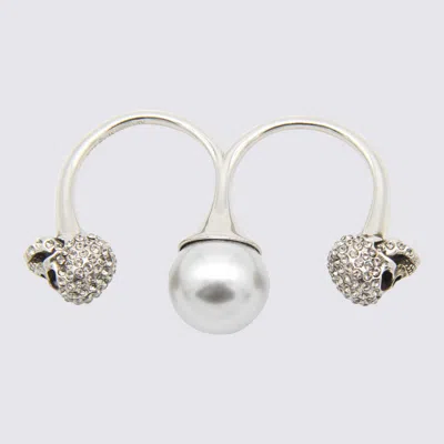 Shop Alexander Mcqueen Pearl And Brass Skull Double Ring In Silver